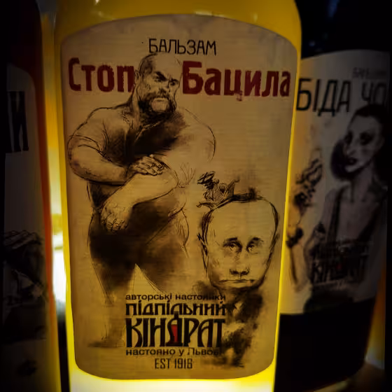 a liqueur bottle label depicting a crimean tatar humiliating putin