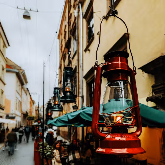 street scene outside the gas lamp restaurant in lviv